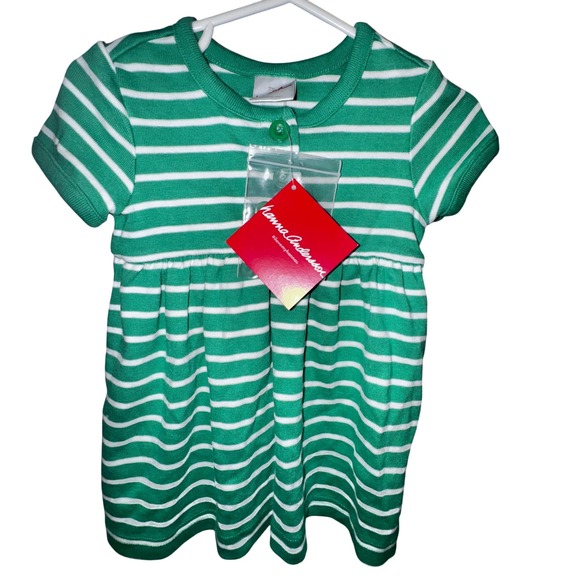 NWT Hanna Andersson Dress Green White Striped Short Sleeve Girl Sz 75 12-18m $40 - Picture 1 of 6